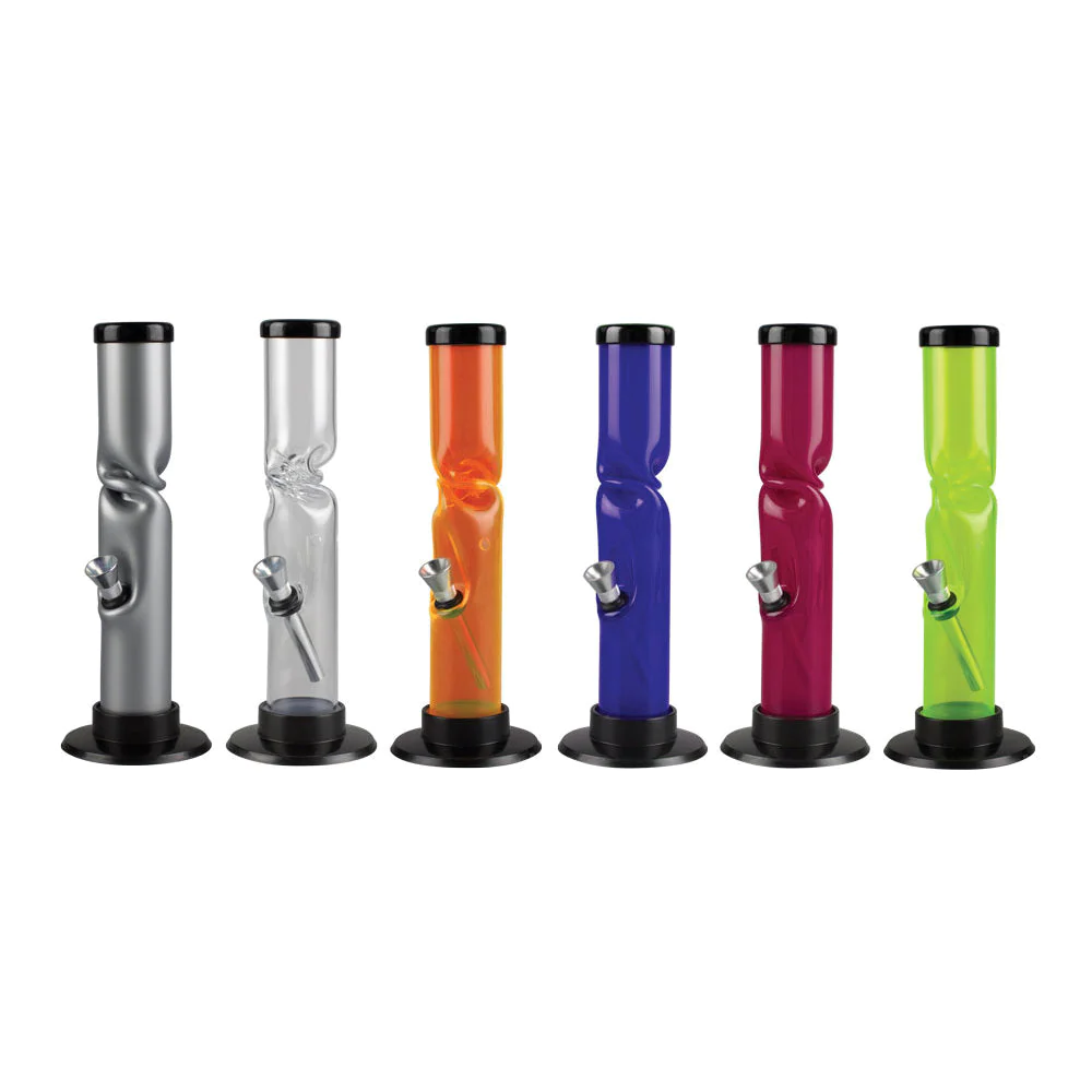 Colorful silicone bongs displayed in a vibrant outdoor setting.