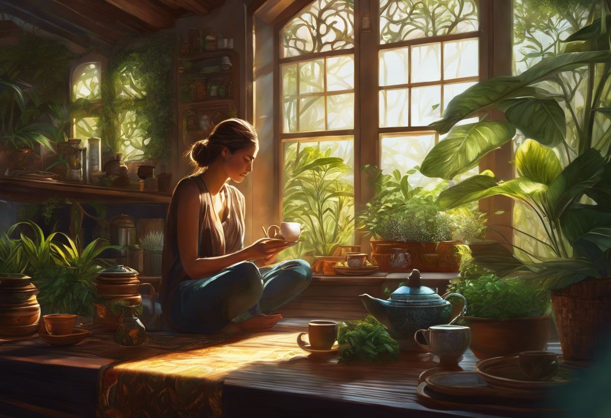 A person enjoying kratom tea in a sunlit kitchen with plants. A person enjoying kratom tea in a sunlit kitchen with plants.