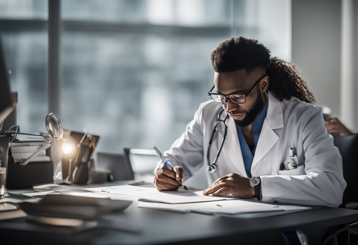 A healthcare professional completing an ESA letter at their desk. A healthcare professional completing an ESA letter at their desk.