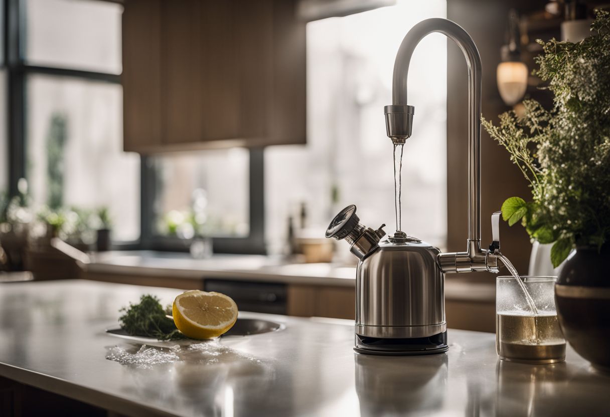 A clean bong being filled with fresh water on a kitchen counter.