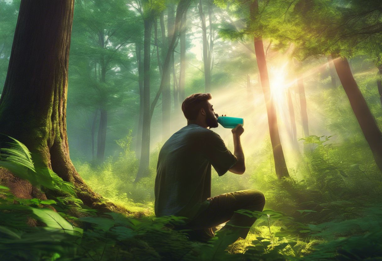 A person detoxing with THC beverage in a serene forest clearing.
