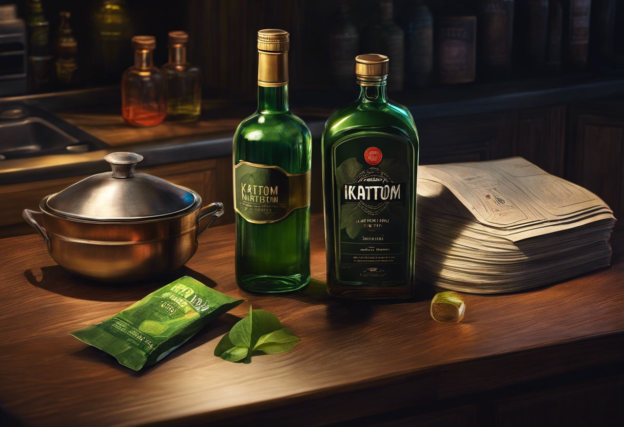 An empty bottle of alcohol and a packet of Kratom. An empty bottle of alcohol and a packet of Kratom.
