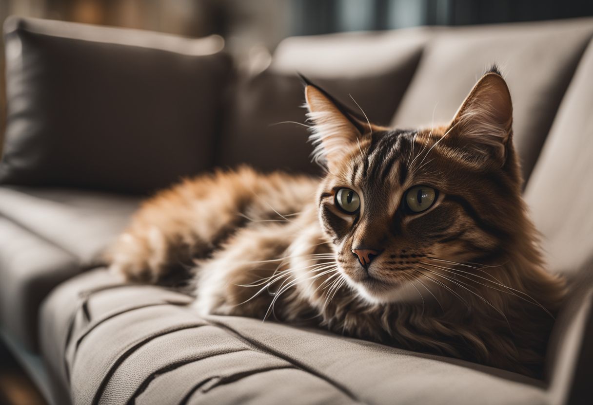 A cozy apartment with a cat lounging on a comfortable couch.