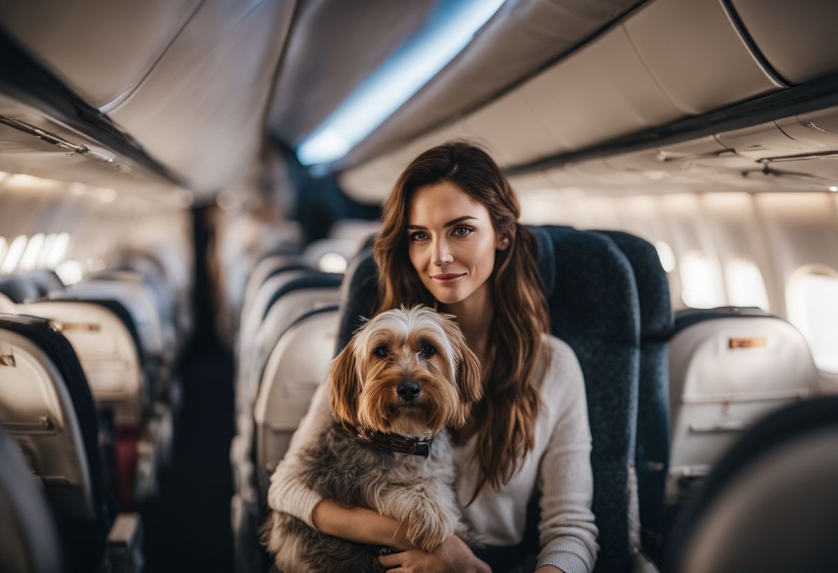 A person with their Emotional Support Animal in an airplane cabin.
