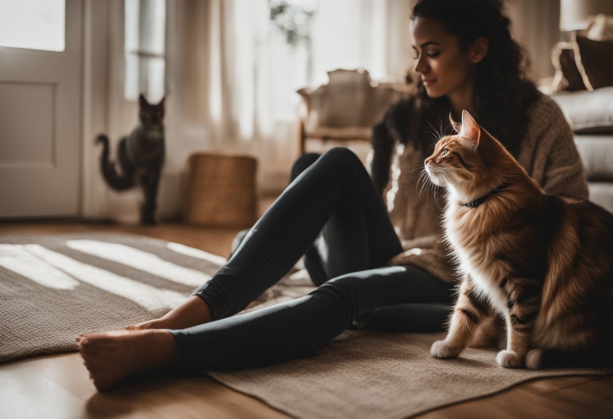 A calm cat sitting beside a person's feet in a cozy home setting.