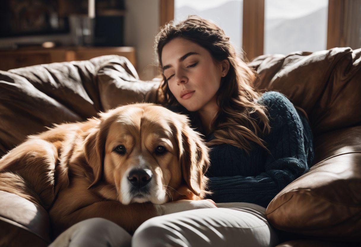 A person snuggled up with their emotional support animal on a cozy couch. A person snuggled up with their emotional support animal on a cozy couch.