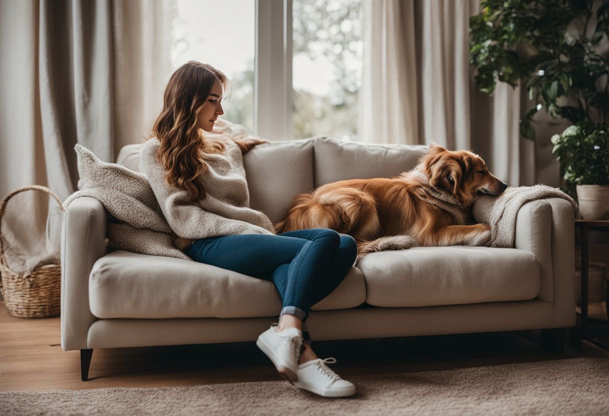 A person relaxing with a pet in a cozy home atmosphere.