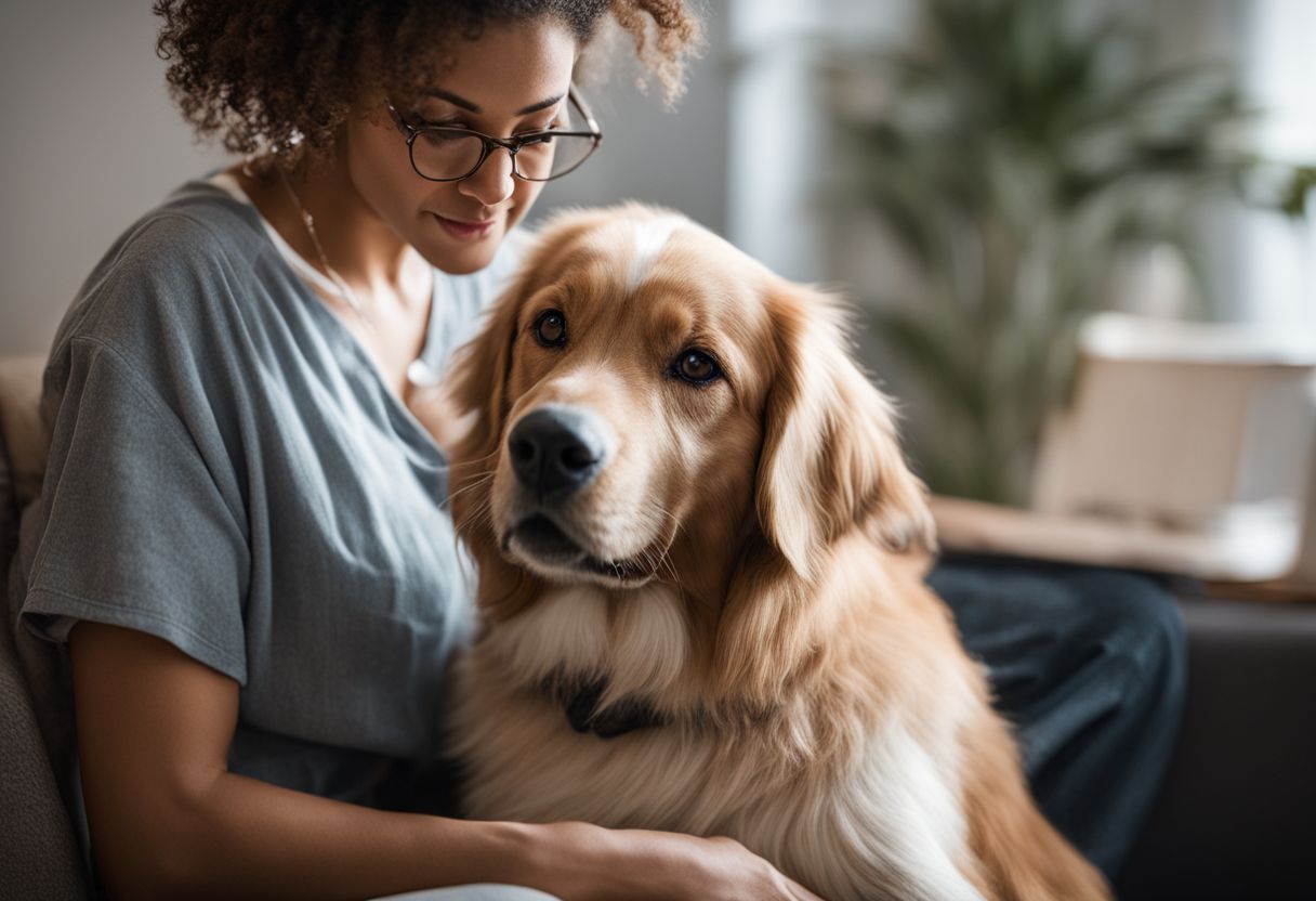A person holding an emotional support animal in a therapist's office. A person holding an emotional support animal in a therapist's office.