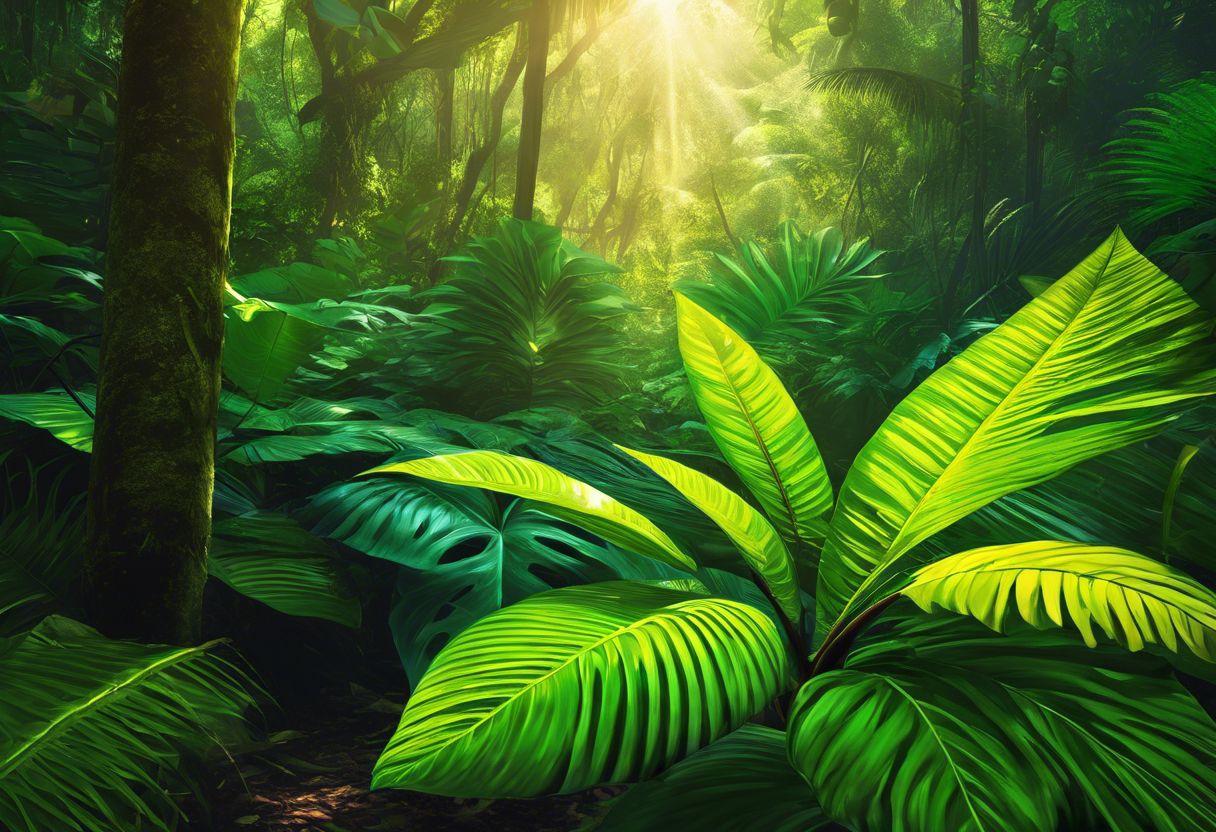 Lush tropical forest with vibrant kratom leaves and diverse wildlife. Lush tropical forest with vibrant kratom leaves and diverse wildlife.