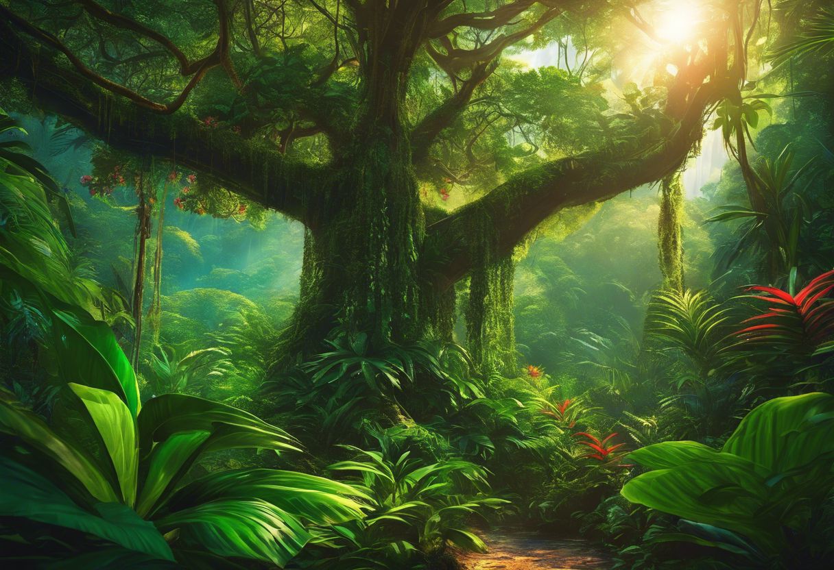 A lush Southeast Asian jungle with a vibrant kratom tree and wildlife. A lush Southeast Asian jungle with a vibrant kratom tree and wildlife.