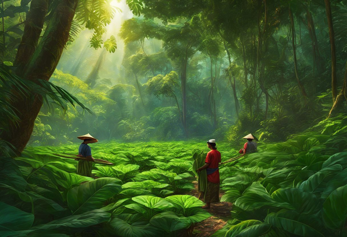 Workers harvesting vibrant green Kratom leaves in lush Southeast Asian forest. Workers harvesting vibrant green Kratom leaves in lush Southeast Asian forest.