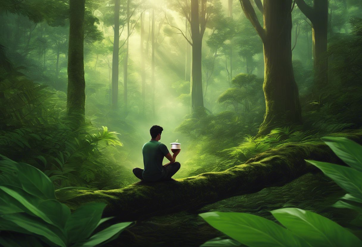A person enjoys a cup of kratom tea in a peaceful forest. A person enjoys a cup of kratom tea in a peaceful forest.