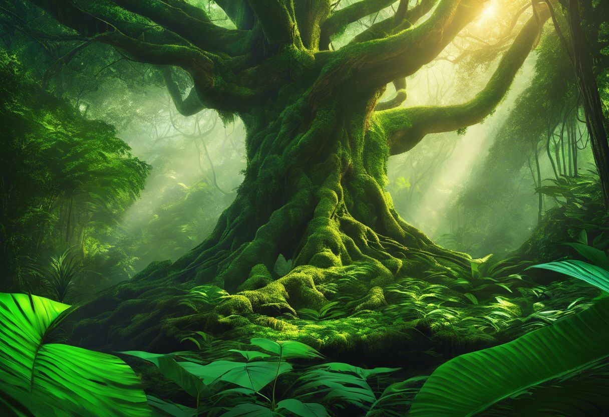 A vibrant kratom tree in a lush tropical forest. A vibrant kratom tree in a lush tropical forest.