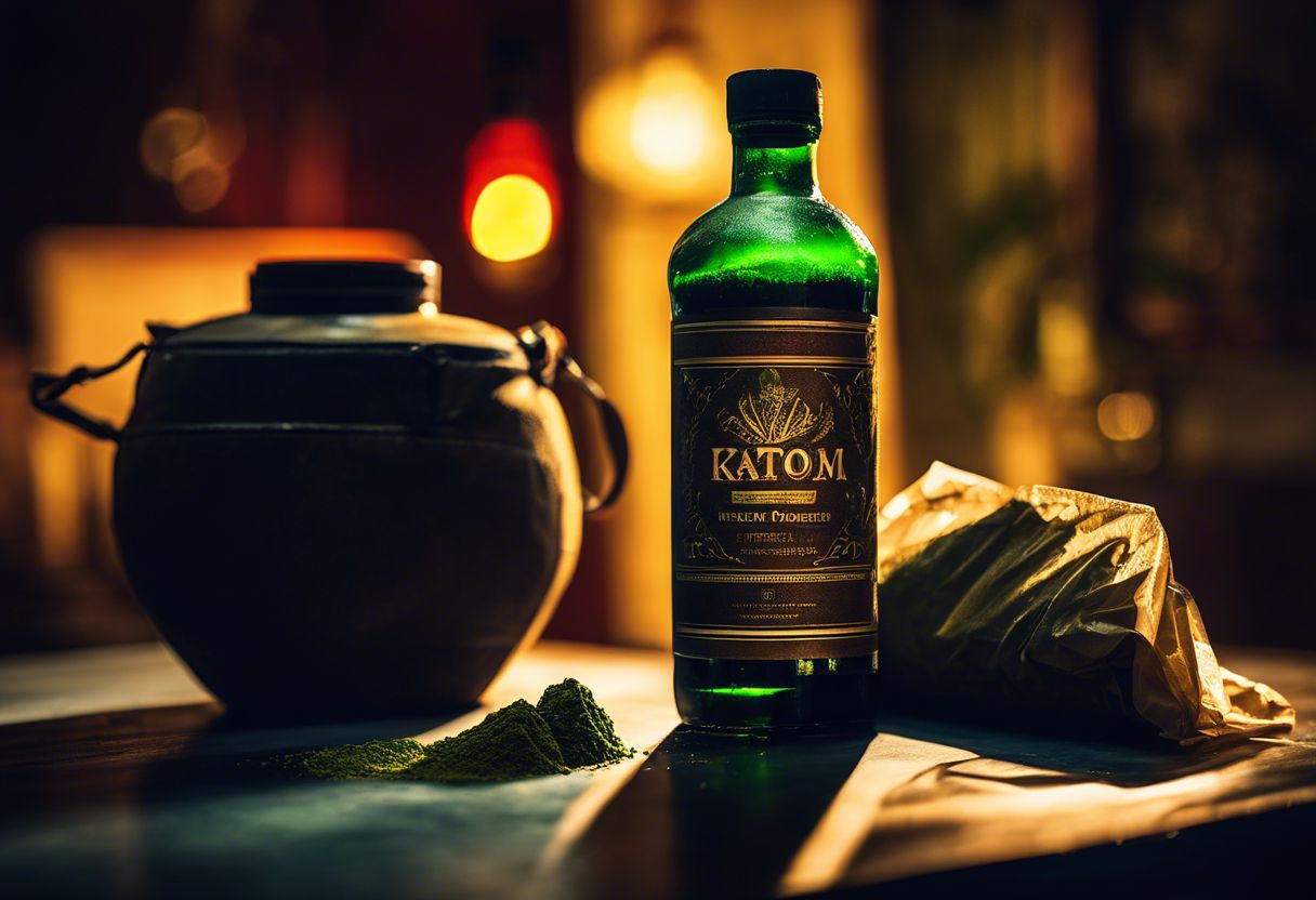 An empty alcohol bottle and a bag of kratom powder on a table. An empty alcohol bottle and a bag of kratom powder on a table.