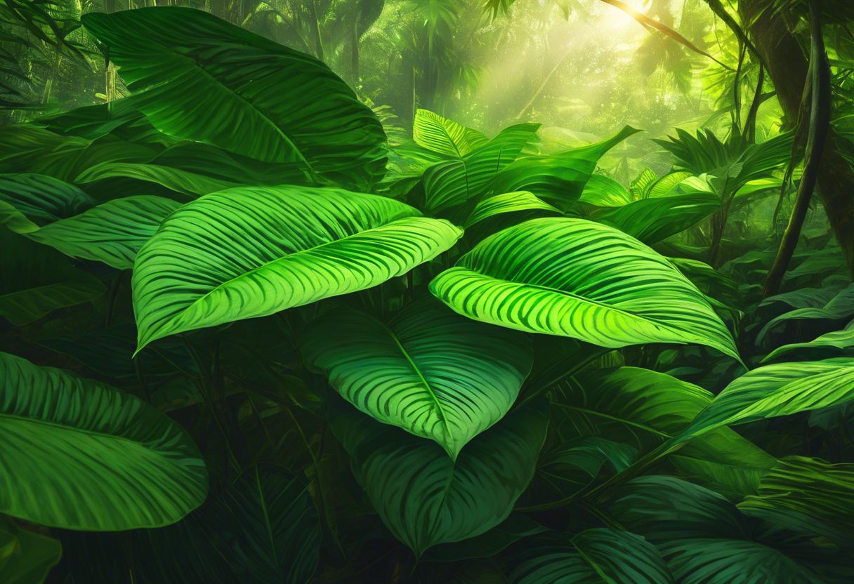 Fresh Kratom leaves in Southeast Asian jungle, vibrant and lush.