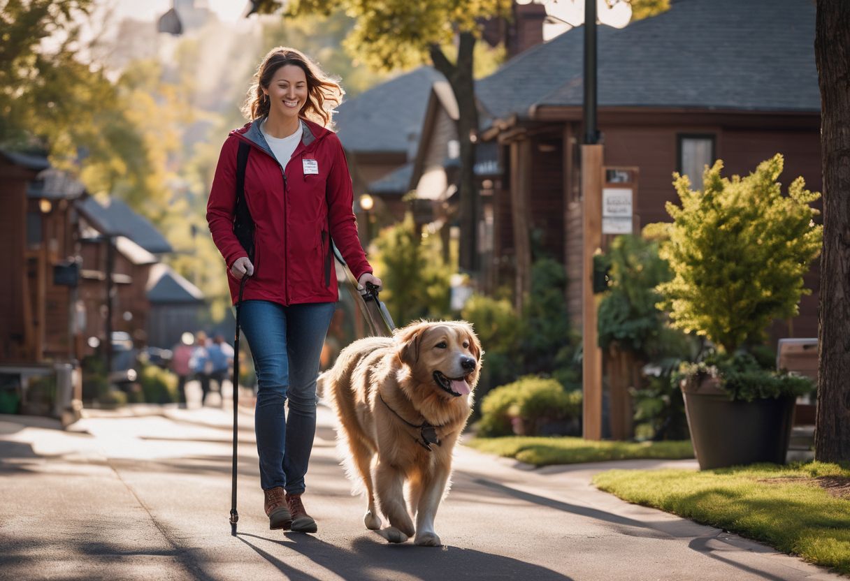 A person with a visible disability walks with an emotional support animal in a welcoming housing community.