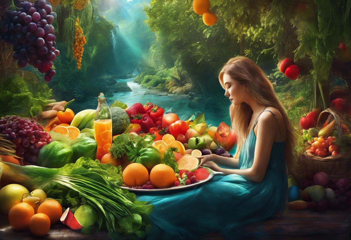 A person enjoying detox water surrounded by colorful fruits and vegetables. A person enjoying detox water surrounded by colorful fruits and vegetables.