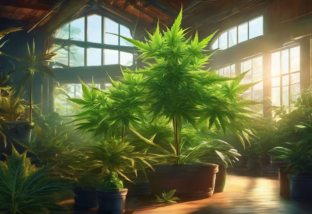 A healthy marijuana plant thriving in an indoor hydroponic setup. A healthy marijuana plant thriving in an indoor hydroponic setup.