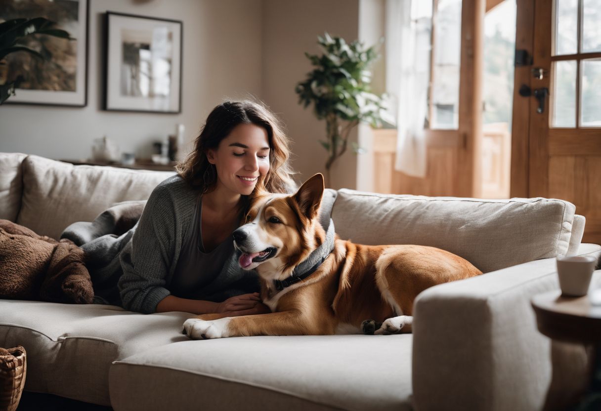 A person with their emotional support animal in a cozy living room.