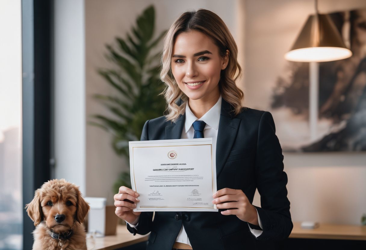 Person holding emotional support animal certification in front of therapist's office. Person holding emotional support animal certification in front of therapist's office.