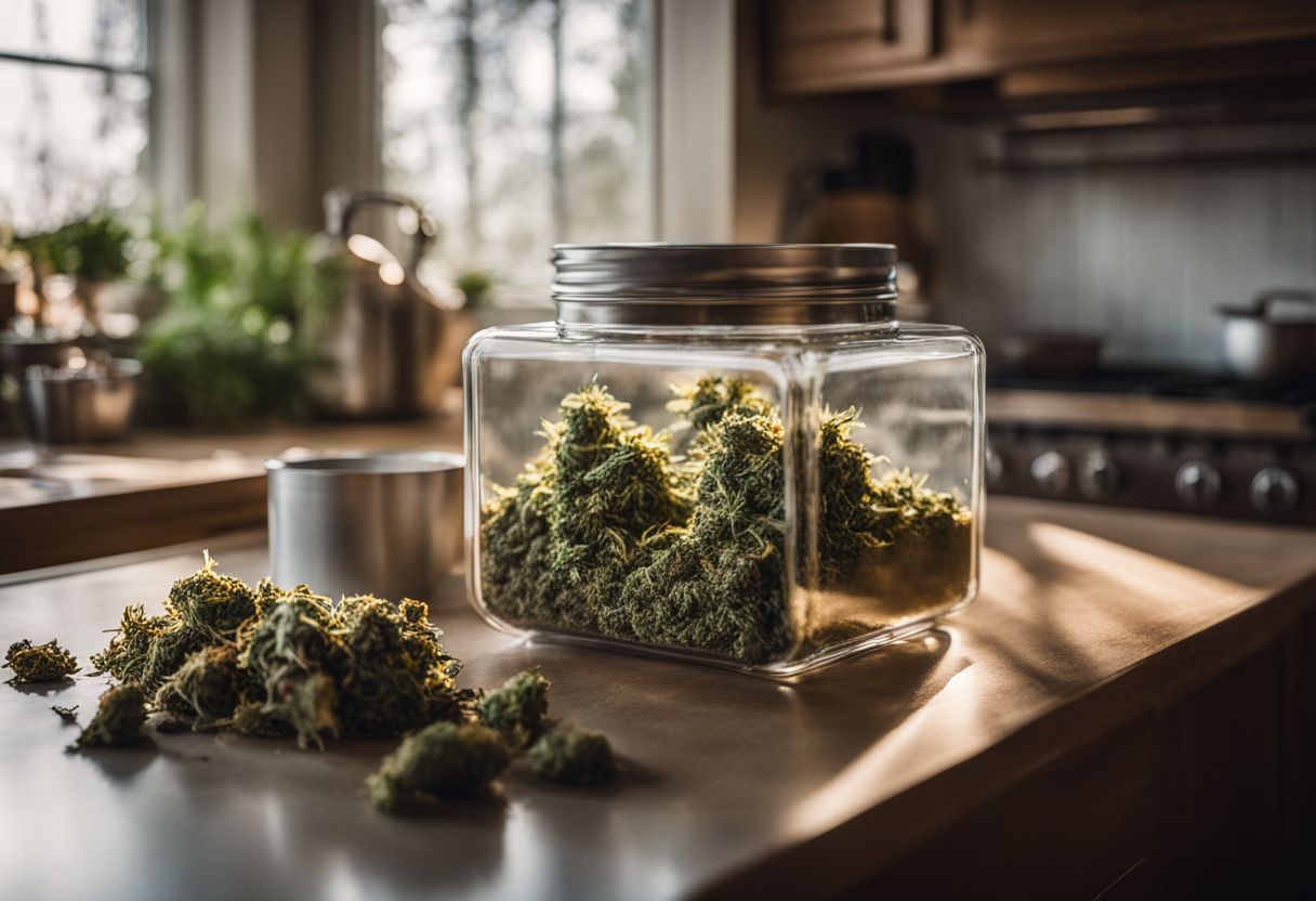 A photo of ground cannabis displayed in a kitchen. A photo of ground cannabis displayed in a kitchen.
