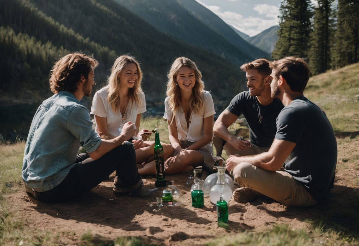 A group of friends using a bong outdoors in nature. A group of friends using a bong outdoors in nature.