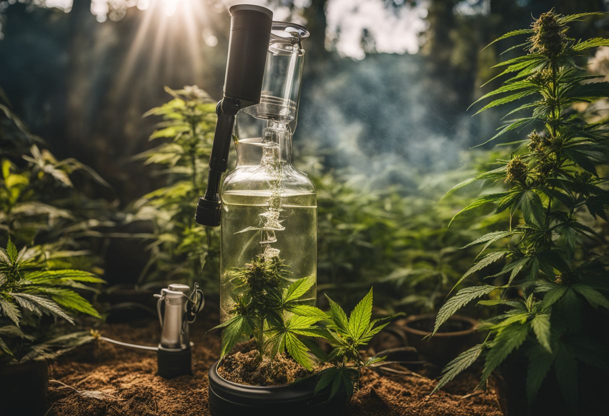 A bong surrounded by cannabis and smoking accessories in a vibrant setting. A bong surrounded by cannabis and smoking accessories in a vibrant setting.