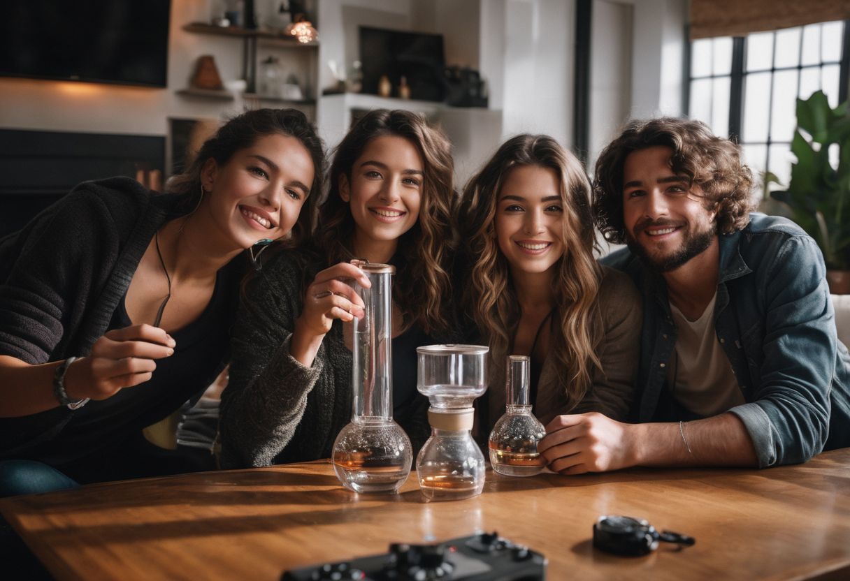 A group of friends enjoying a bong session in a cozy living room. A group of friends enjoying a bong session in a cozy living room.