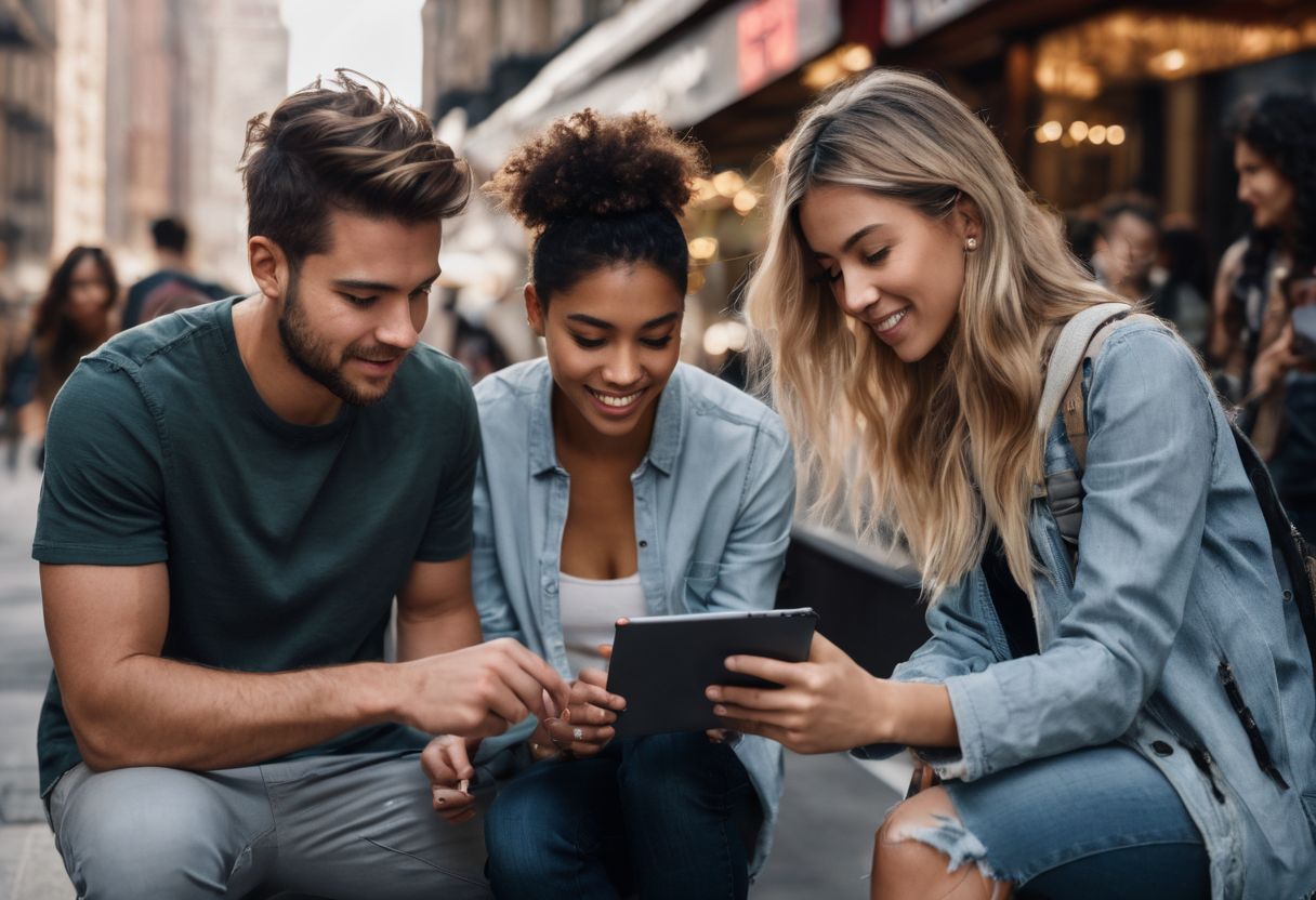 A group of young adults checking legal age requirements on a digital device in a city. A group of young adults checking legal age requirements on a digital device in a city.