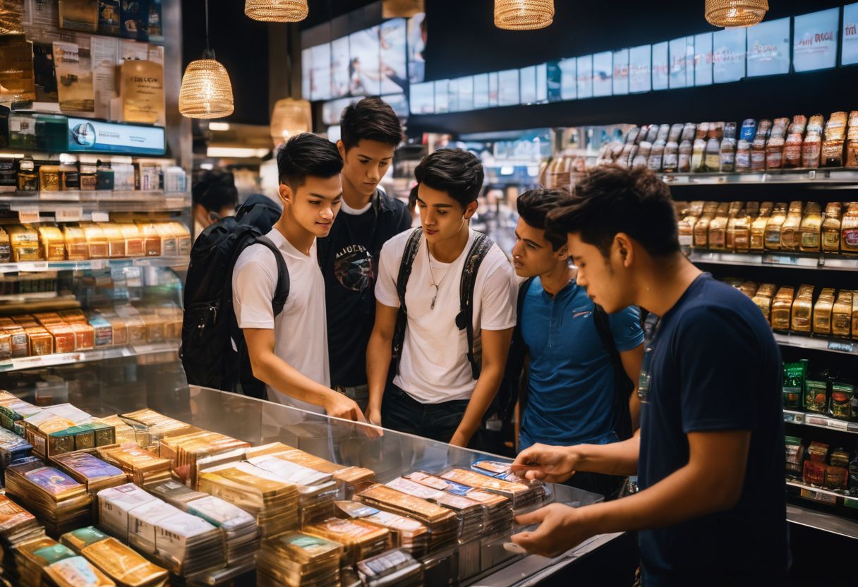 A group of teenagers trying to buy tobacco products with the shop owner checking their IDs. A group of teenagers trying to buy tobacco products with the shop owner checking their IDs.