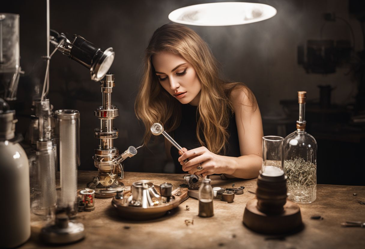 A young woman assembling a bong at a table.