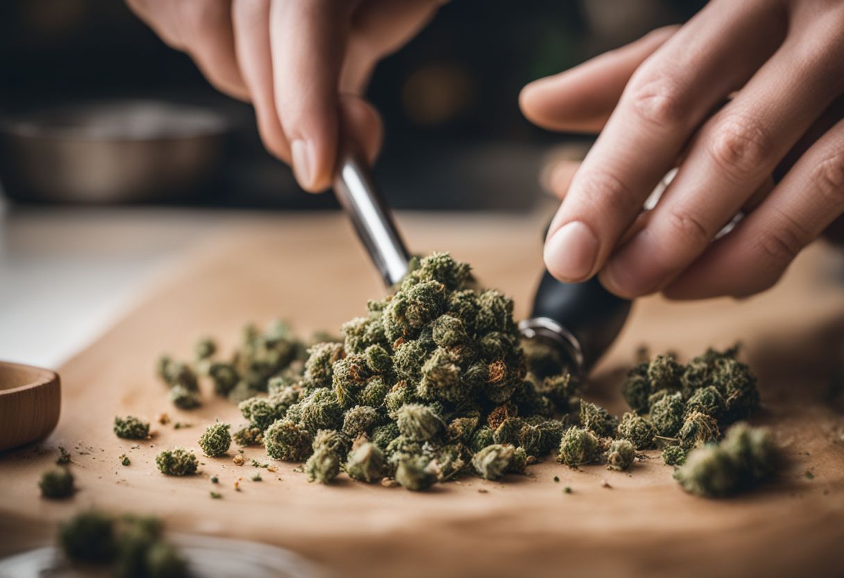 A hand using a grinder to grind cannabis buds on a kitchen countertop.
