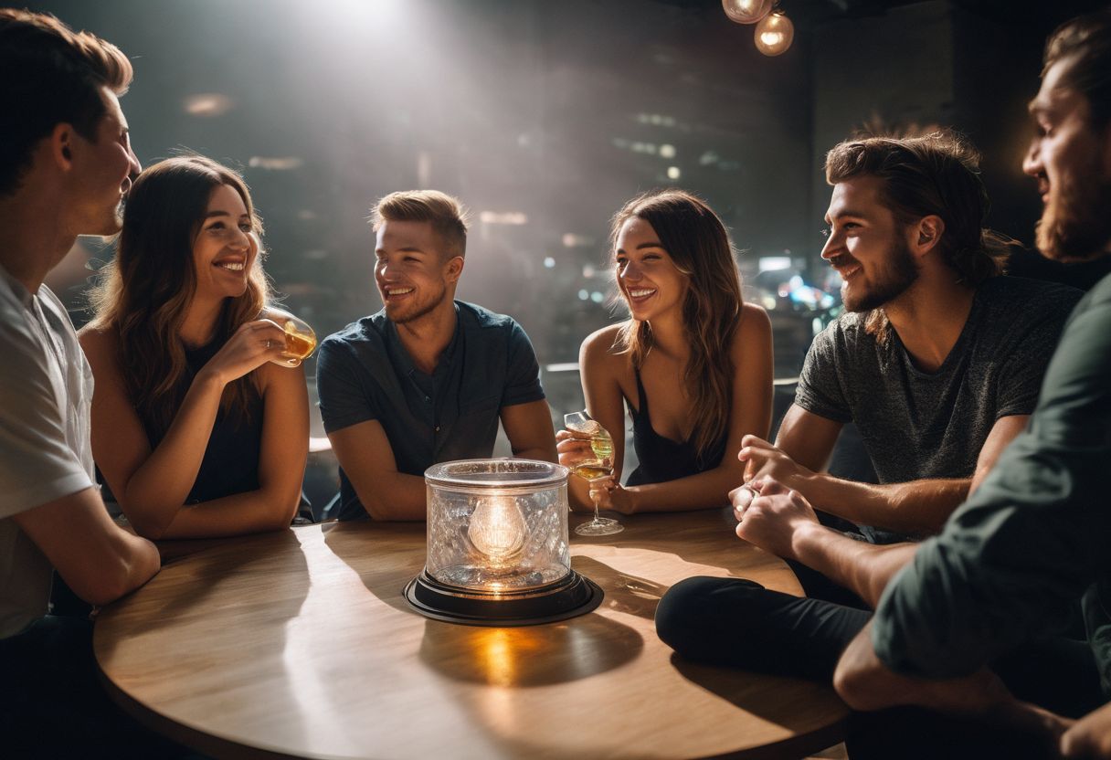 A group of friends happily using a packed bong in a city.