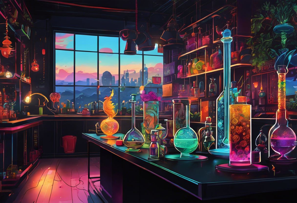 Colorful, intricate beaker bongs displayed on black surface, minimalist environment.