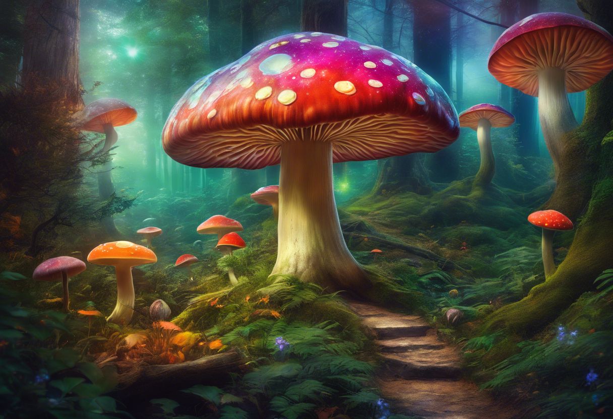Nature-inspired psilocybin products with trust seals in a forest setting. Nature-inspired psilocybin products with trust seals in a forest setting.