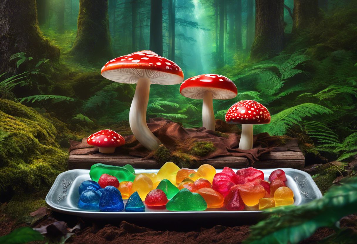 Vibrant Magic Mushroom Chocolate Bar & Gummies in lush forest backdrop. Vibrant Magic Mushroom Chocolate Bar & Gummies in lush forest backdrop.