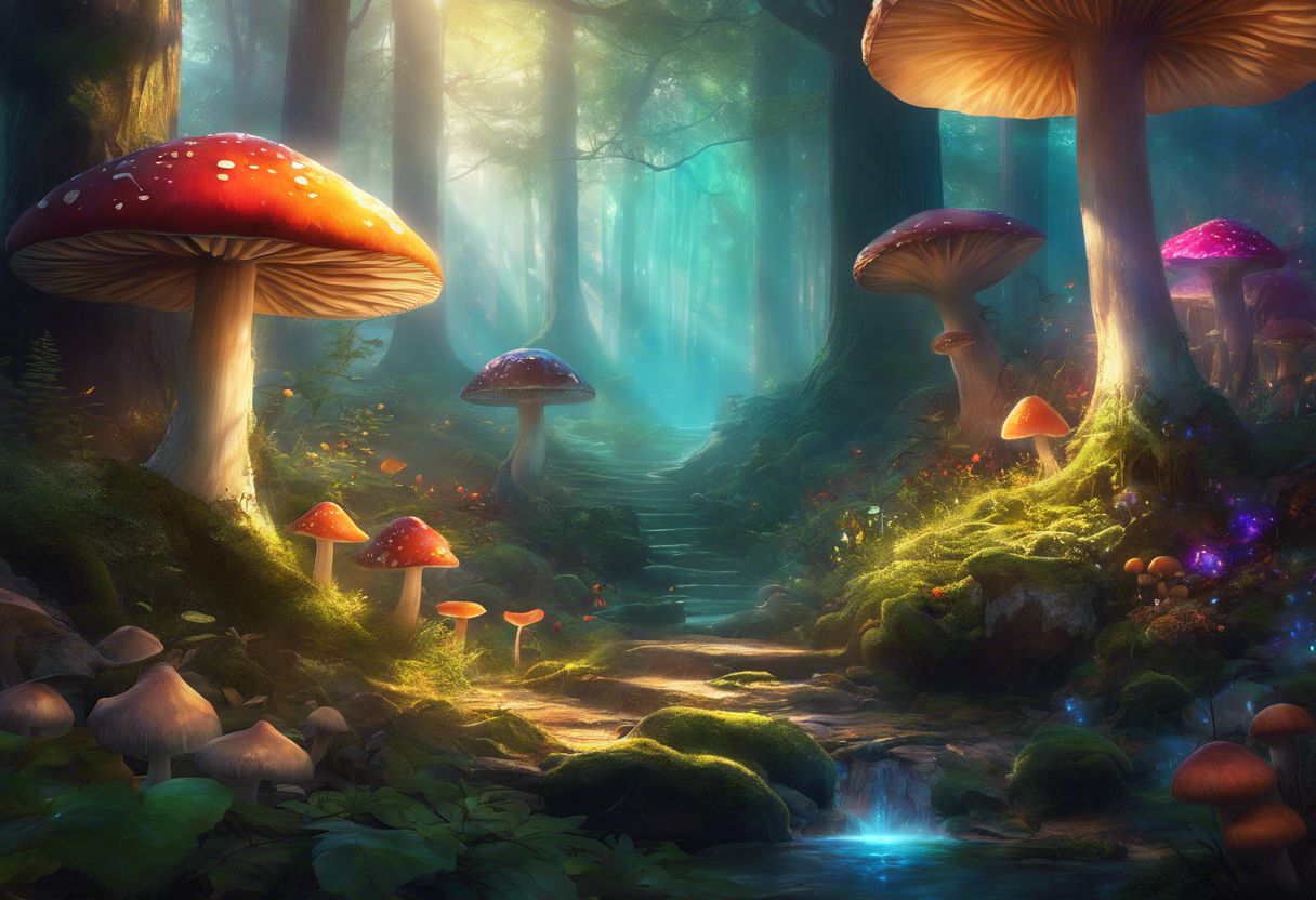 A variety of mushrooms in a colorful forest setting. A variety of mushrooms in a colorful forest setting.