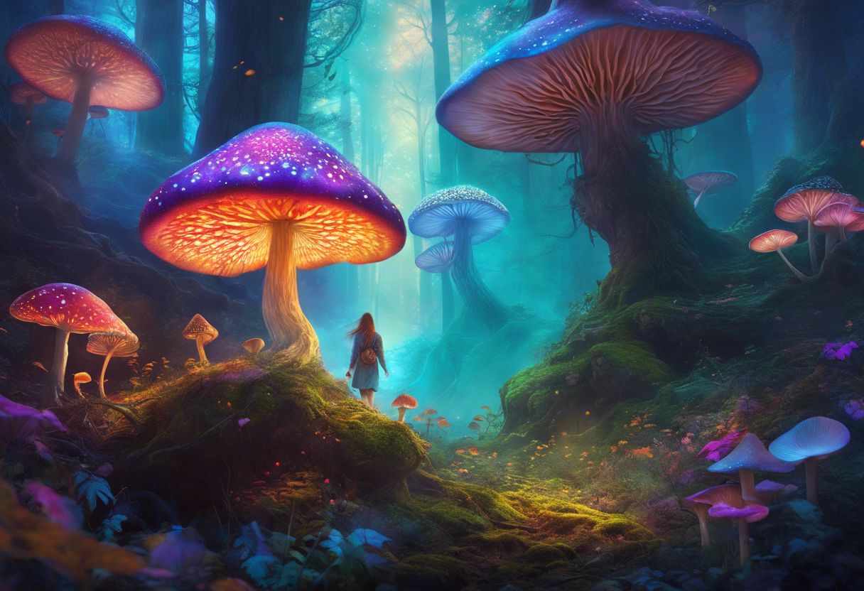 A person explores a vibrant, psychedelic mushroom forest in a mystical setting. A person explores a vibrant, psychedelic mushroom forest in a mystical setting.