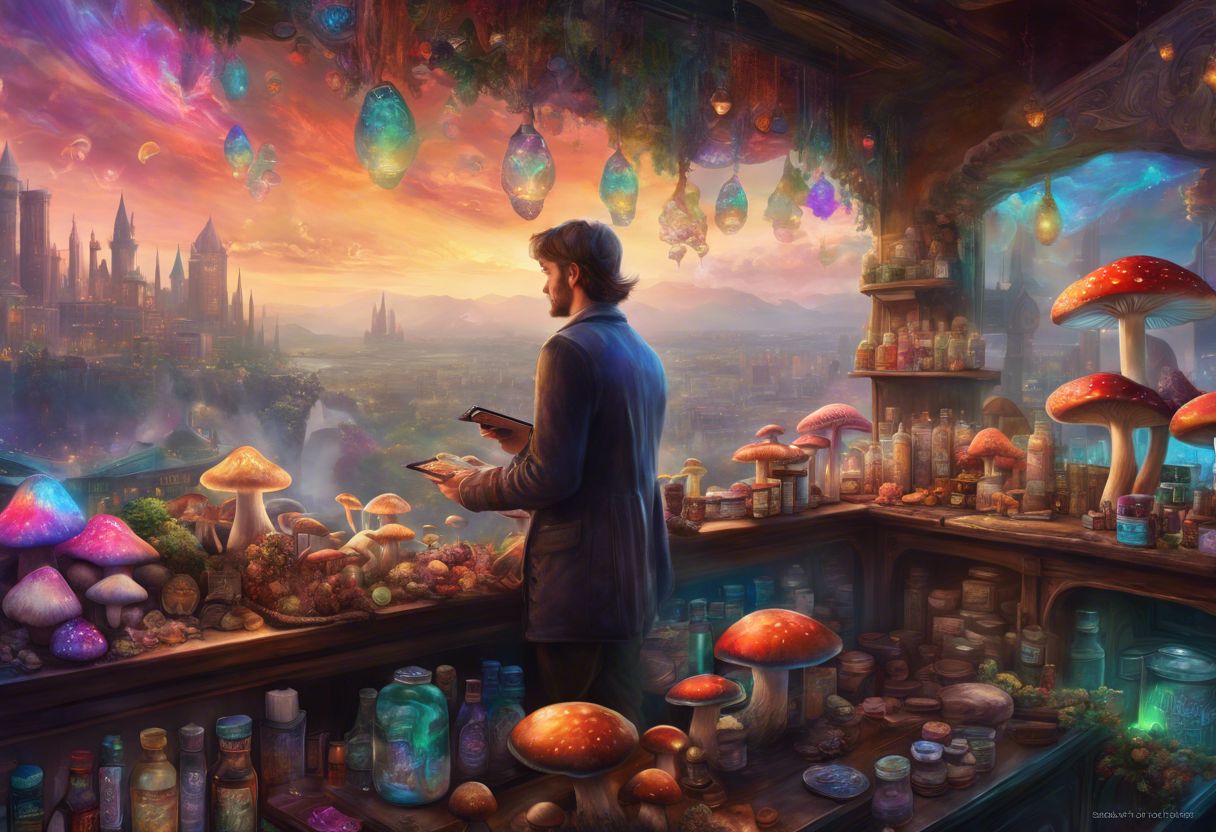 A person browsing magic mushroom products in urban smoke shop. A person browsing magic mushroom products in urban smoke shop.