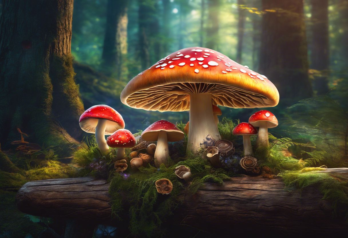 A display of magic mushroom products on a rustic wooden table. A display of magic mushroom products on a rustic wooden table.