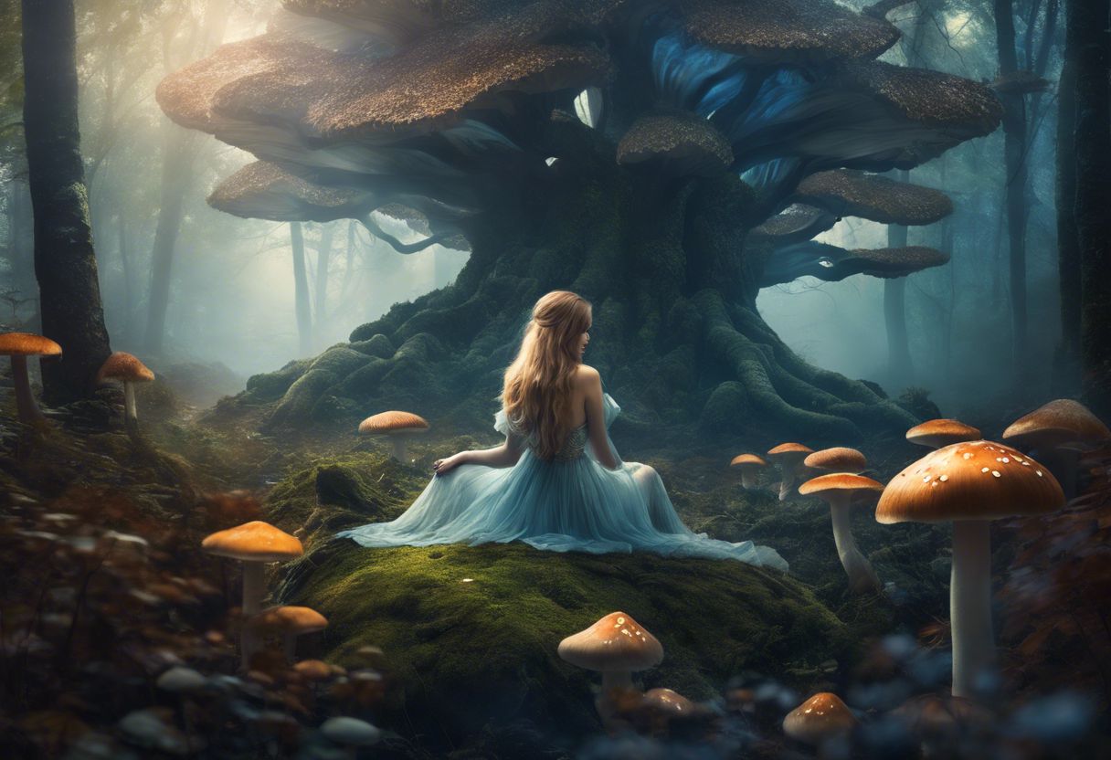 Person sitting in serene forest surrounded by fungi and nature. Person sitting in serene forest surrounded by fungi and nature.