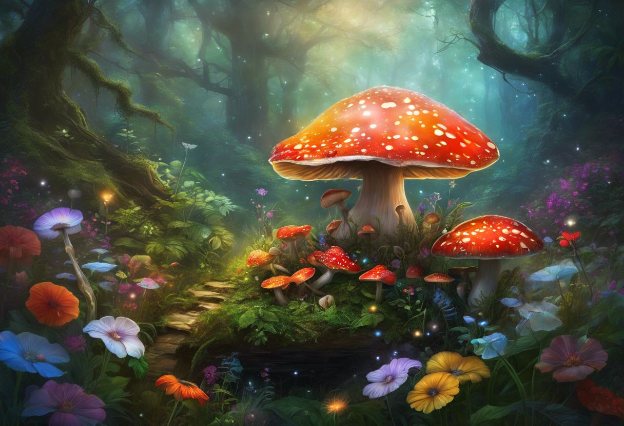 Magic mushroom products displayed in a forest setting with vibrant colors. Magic mushroom products displayed in a forest setting with vibrant colors.