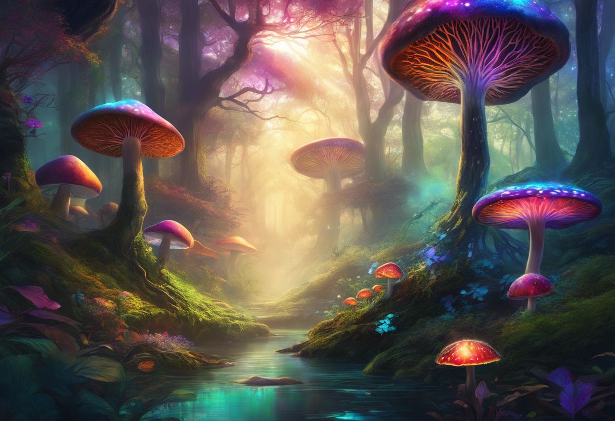 Vivid psychedelic mushrooms growing in a serene forest setting. Vivid psychedelic mushrooms growing in a serene forest setting.