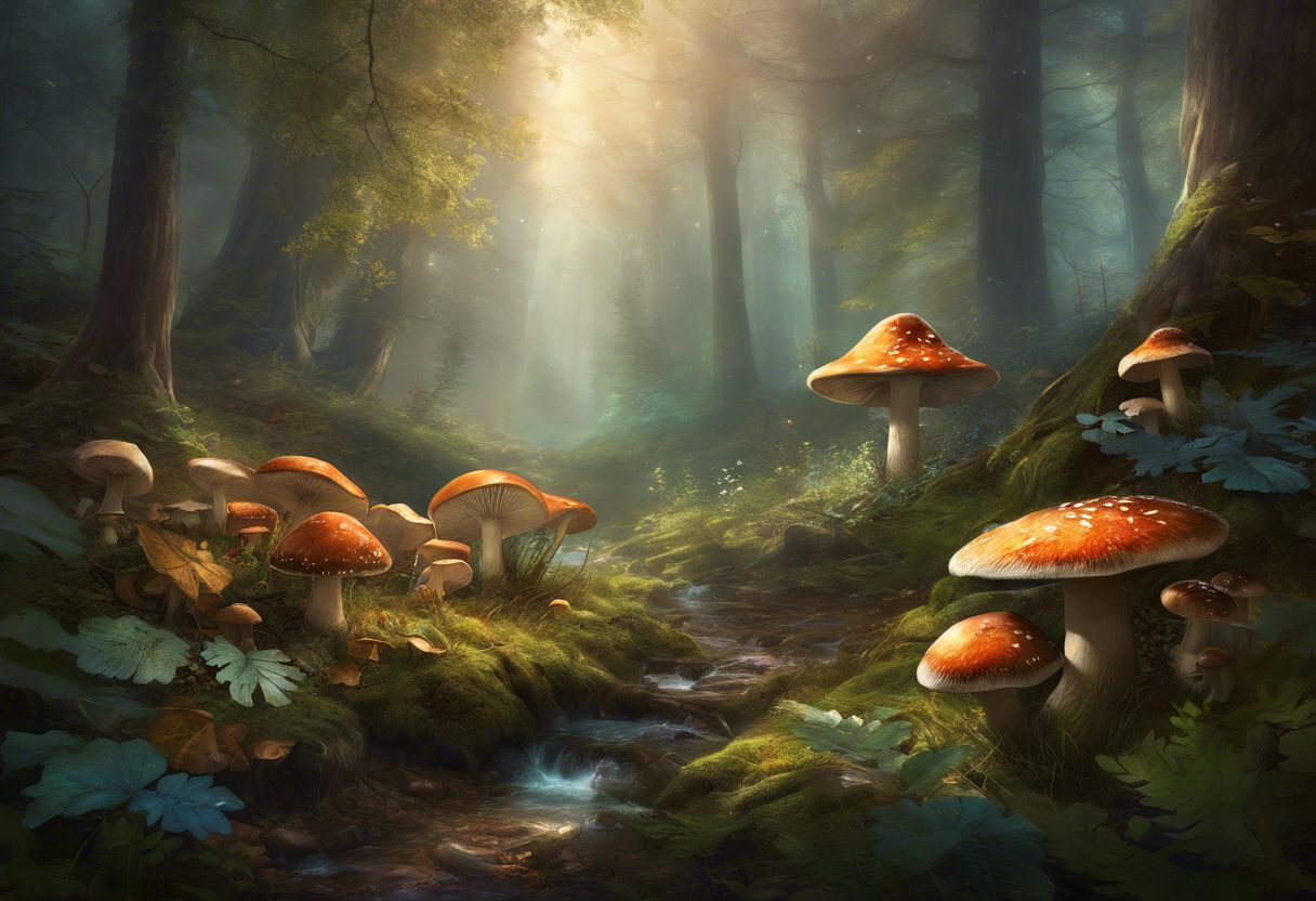 A serene forest scene featuring a variety of wild mushrooms. A serene forest scene featuring a variety of wild mushrooms.