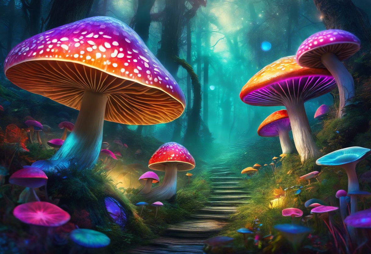 Psychedelic mushrooms in vibrant mystical forest with intricate patterns. Psychedelic mushrooms in vibrant mystical forest with intricate patterns.