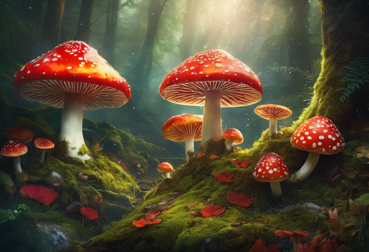 Vibrant Amanita Muscaria gummies on moss in lush forest setting.