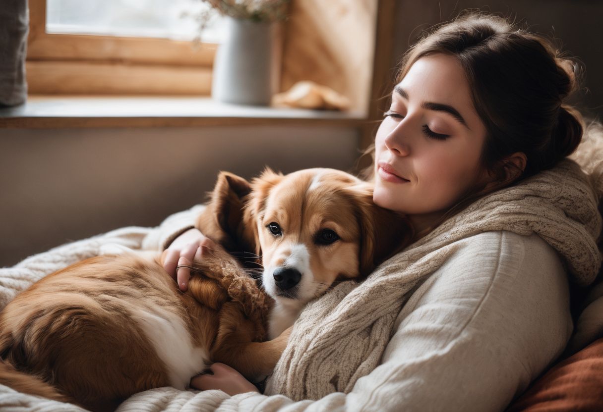A person cuddling with their emotional support animal in a cozy home environment. A person cuddling with their emotional support animal in a cozy home environment.