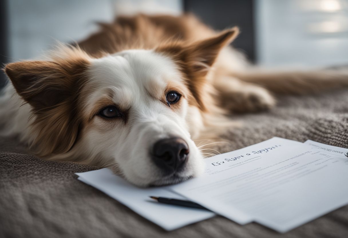 A comforting emotional support animal with an open ESA letter. A comforting emotional support animal with an open ESA letter.