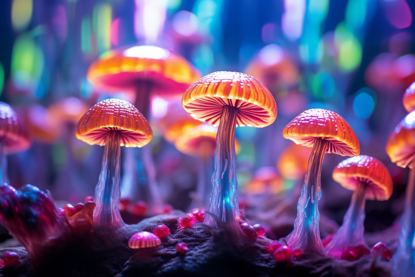 Colorful magic mushroom gummies against psychedelic background in macro photography.