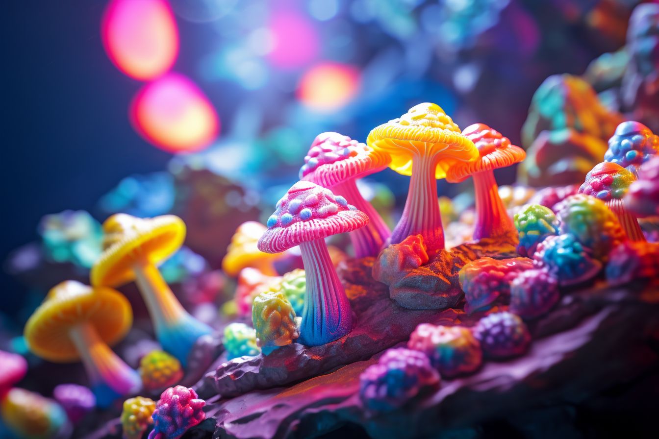 Colorful magic mushroom gummies against psychedelic background in macro photography.